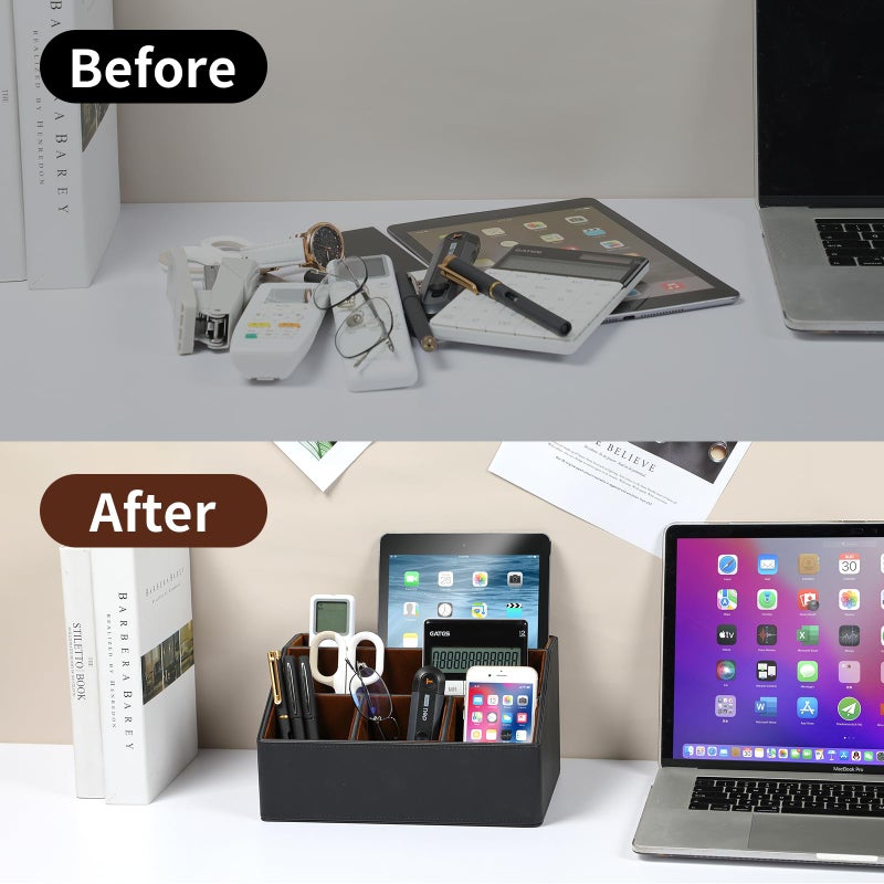 Cretkhp Pu Leather Desk Organizer  Multifunctional Storage Box with 5 Compartments  Office Accessories Pen Pencil Business Name Cards Remote Control Holder (Black) - Image 4